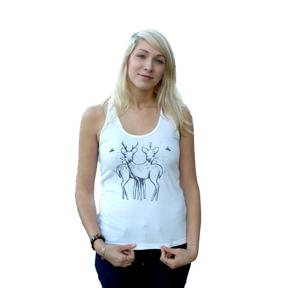 Doe & Buck -Small- One of a Kind- White Racer Back- Women -Tank Top