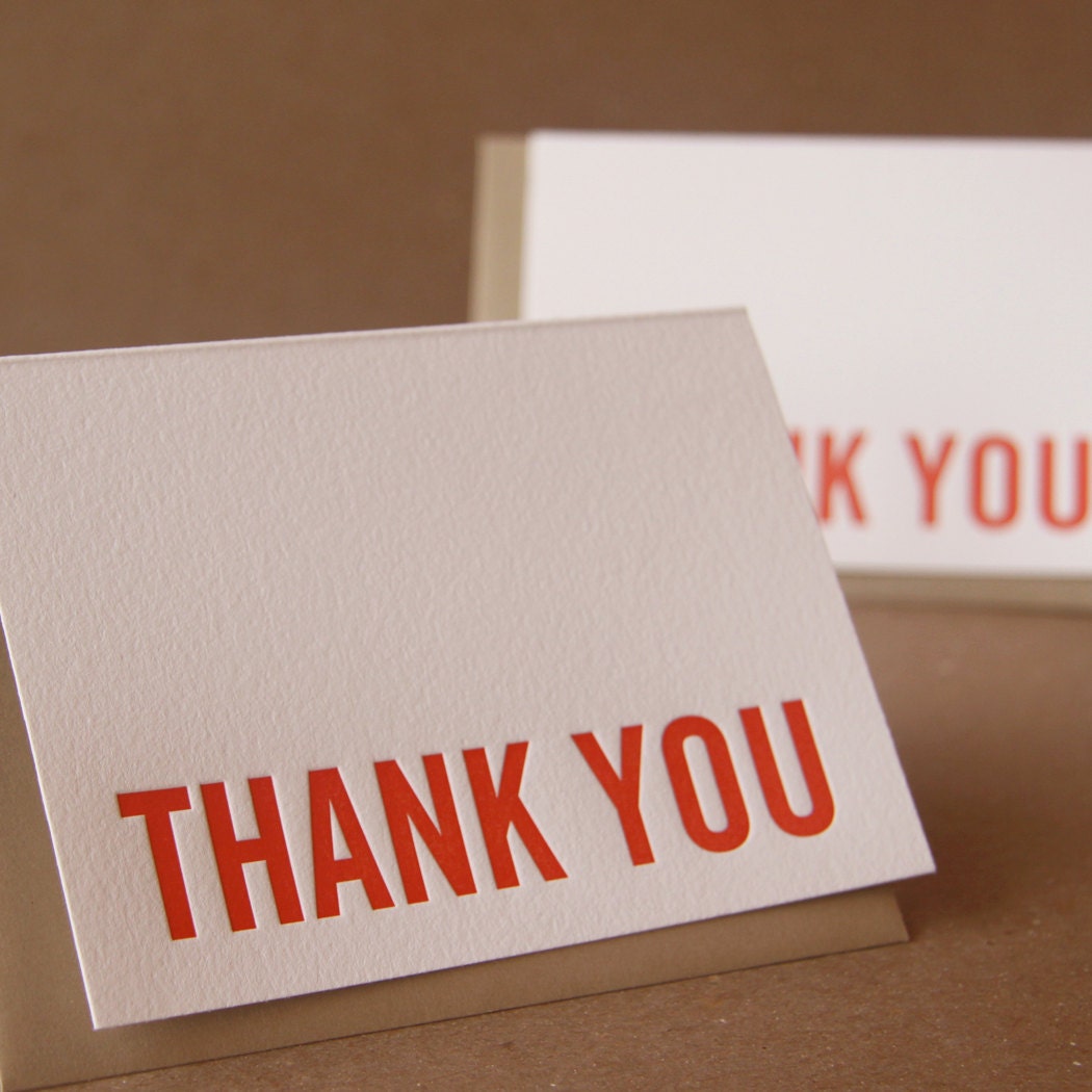 Letterpress Thank You Cards : Fire Red Modern Block Thank You Notes - box of 75 small folded cards w envelope color choice