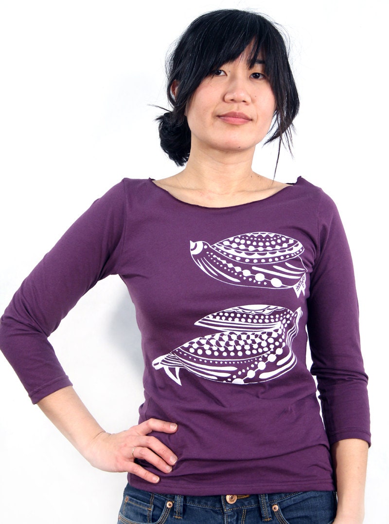 Purple 3/4 Sleeve Tee with Lovebirds