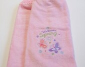 Set Of Two Pink Welcome Spring Butterfly Hand Towels With Soft Pink Crocheted Tops