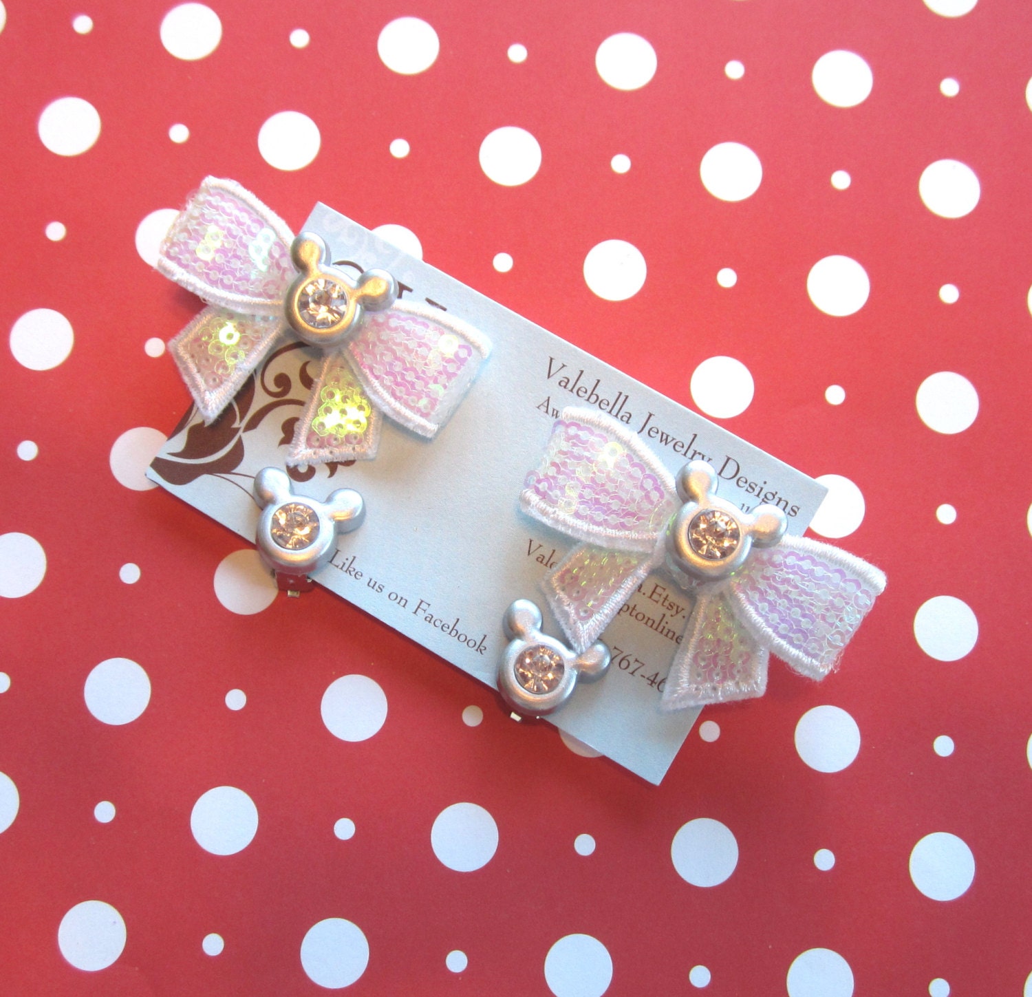Mouse Couture sequin bow hair clips and clip on earring set WHITE/SILVER