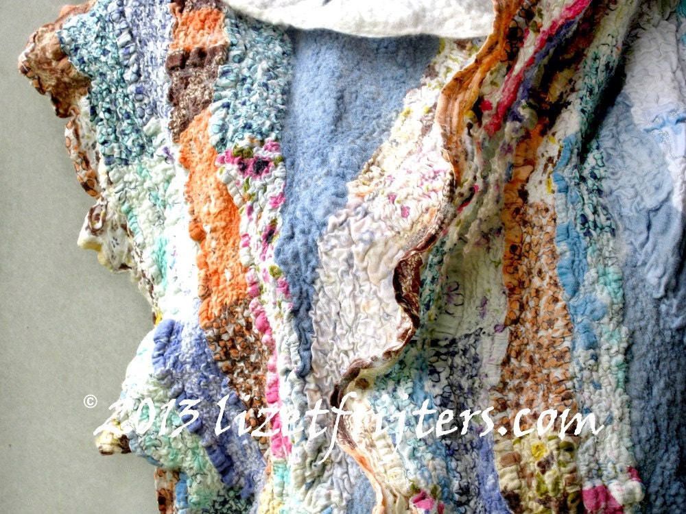 White and Multicoloured Nuno Felt Scarf Spring Blossoms 2 Recycled Cotton Silk Organic Merino Wool Eco Fashion