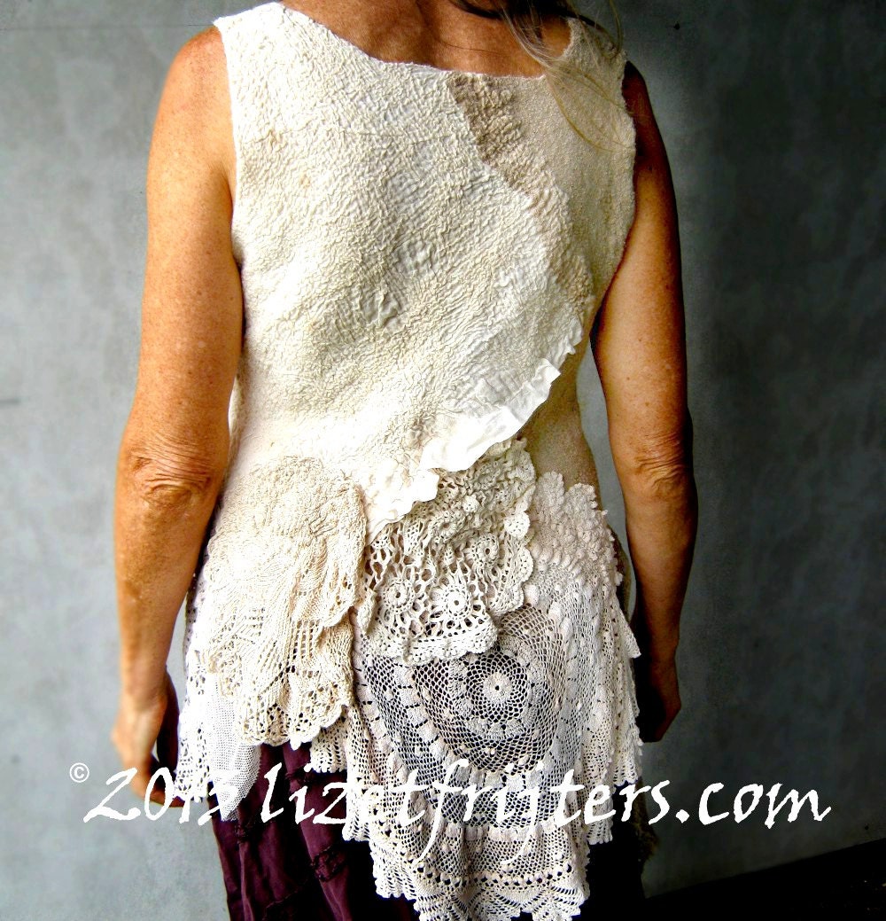 Lace and Doily Romantic Upcycled Nuno Felted Top - Cream and Light Tan Vintage Shabby Chic Raw Edge