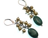 cluster earrings with green turquoise and Swarovski pearl