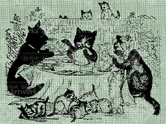 Digital Download Kitty Tea Party, Kitten Cat illustration digi stamp, digis, digital graphic, Cute Sweet, Catnip Tea