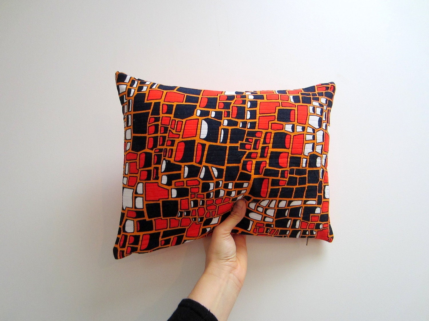 Pillow cover vintage fabric Orange black white red pattern Retro Funky bachelor pad pillow case eco friendly