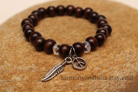 Peace Sign and Feather charm wood stretch bracelet