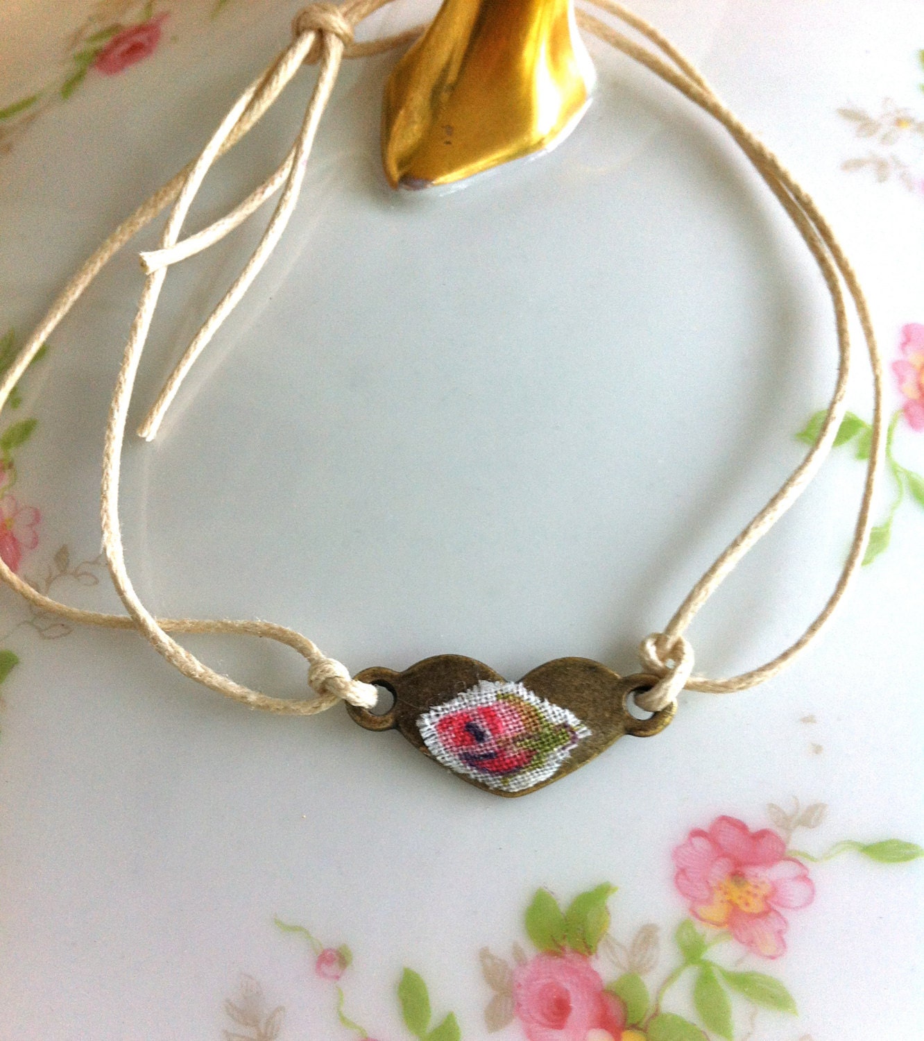 Petite rose.heart charm, string bracelet.Tiedupmemories