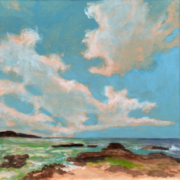 Rocky Coast - Original Landscape Painting of Sky Clouds Ocean Water Zen Fresh