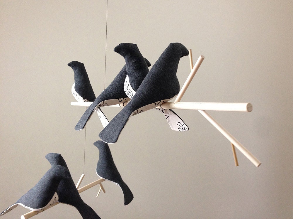 Elegant 7 Bird Mobile in Charcoal Gray -  A Kinetic Beauty