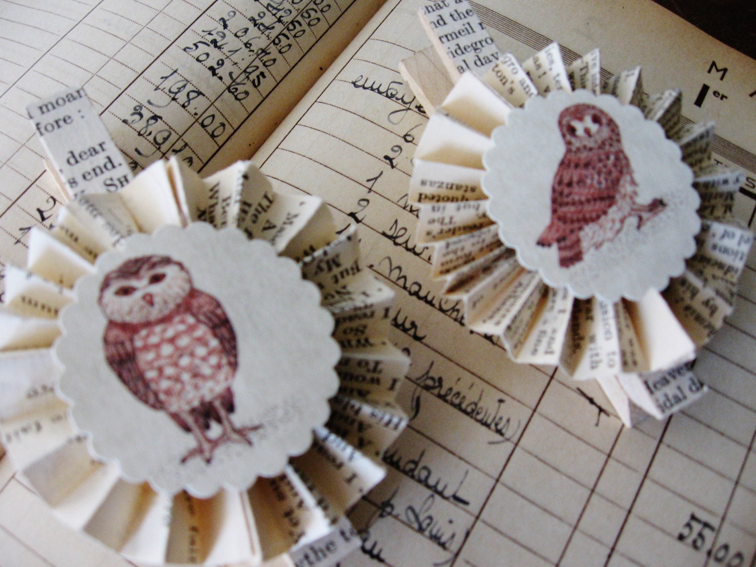 Vintage Paper Rosette Clothespin Magnets Set of Two Owls 2