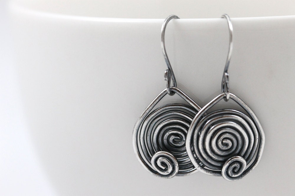Ready to Ship, All Sterling Silver Earrings, Dangle Earrings, Oxidized Silver Jewelry, Spiral Earrings, Stocking Stuffer