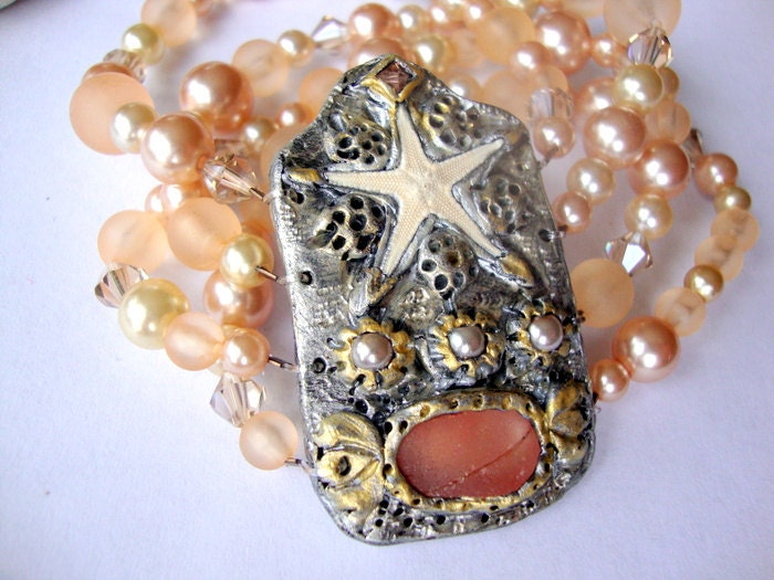 Peach Seaglass and Starfish Beaded Bracelet  Bridal Jewelry