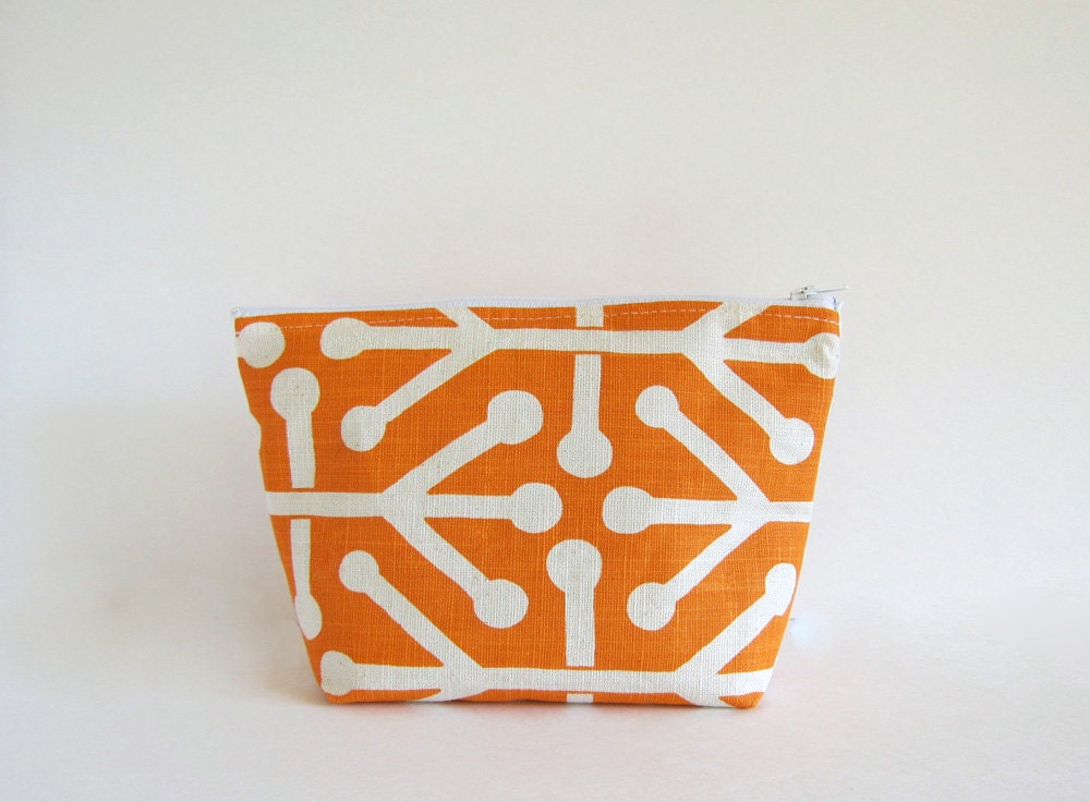 Orange and White Zipper Pouch -  Durable Cosmetic Bag made-to-order
