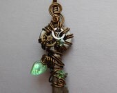 Steampunk Wire Wrapped Key Pendant -- Pale Green Leaf and Gears Clockwork Key (A Key to Time)