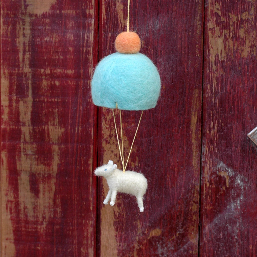 Parachuting Lamb in Blue & Orange - Needle Felted Whimsy