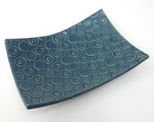 Teal Blue Deep Circle Textured Handmade Ceramic Pottery Soap Dish Plate - Mod Print