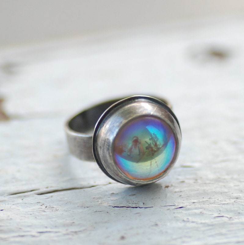 Clear Glass Bezel Ring, Metalwork Ring, Blackened Silver Ring, Aurora Borealis, Rustic Ring, MADE TO ORDER - Northern Lights