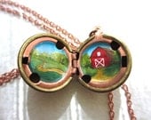 Spring Farm Locket - Hand-painted Red Barn and Green Fields - Countryside Landscape