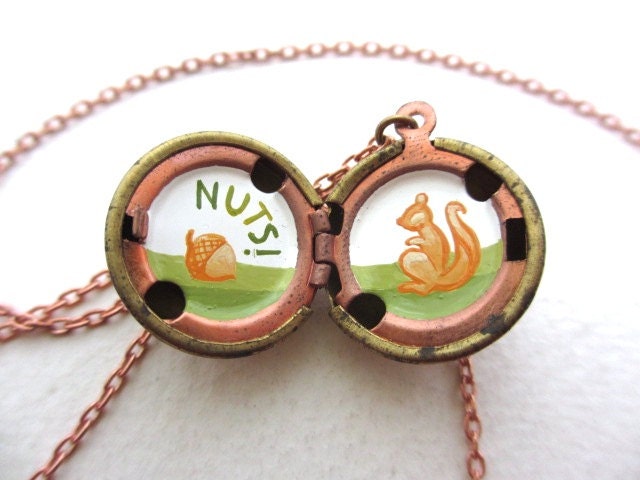 Squirrel and Acorn Locket, Hand-painted in Oil, Pendant Necklace, Gift for Nature Lover