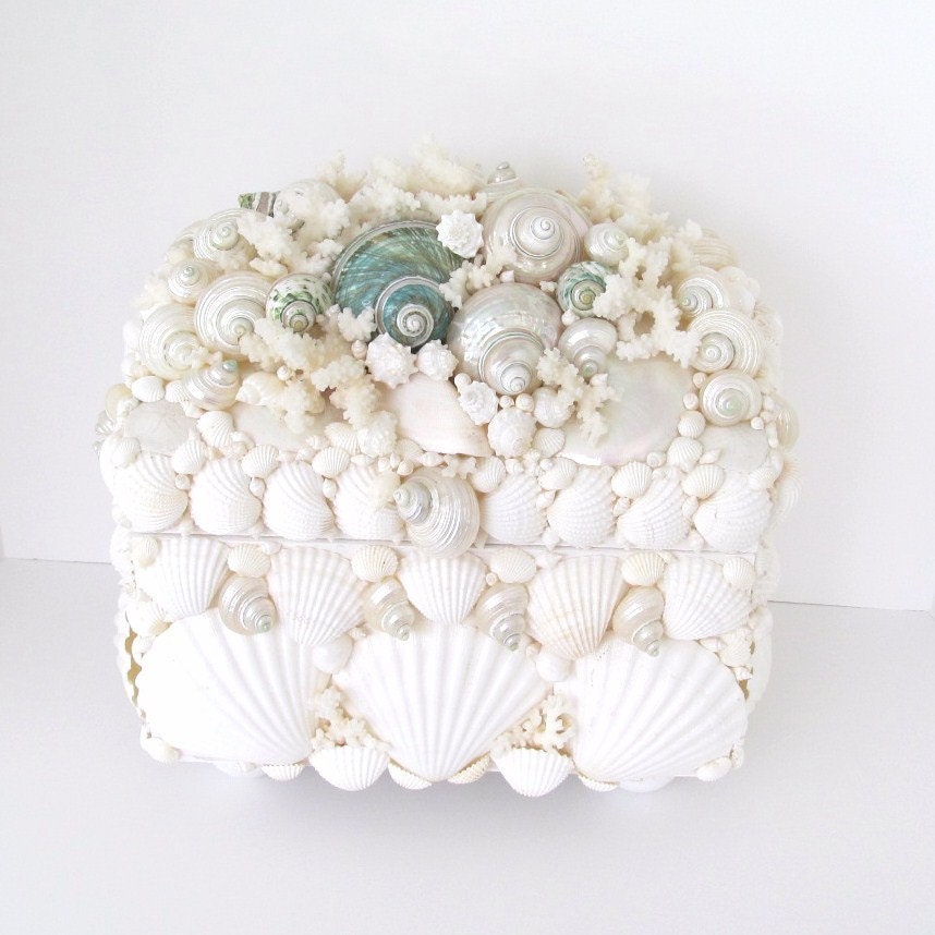 Box Seashells Turquoise and White Coral Shell Chest