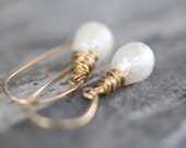 Wire Wrapped Pearl Earrings. Gold