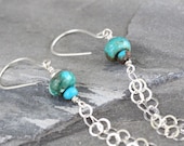Genuine Turquoise Drop Earrings. Fringe. Blue Green. Sterling Silver. URban Everyday Wear. SouthWest