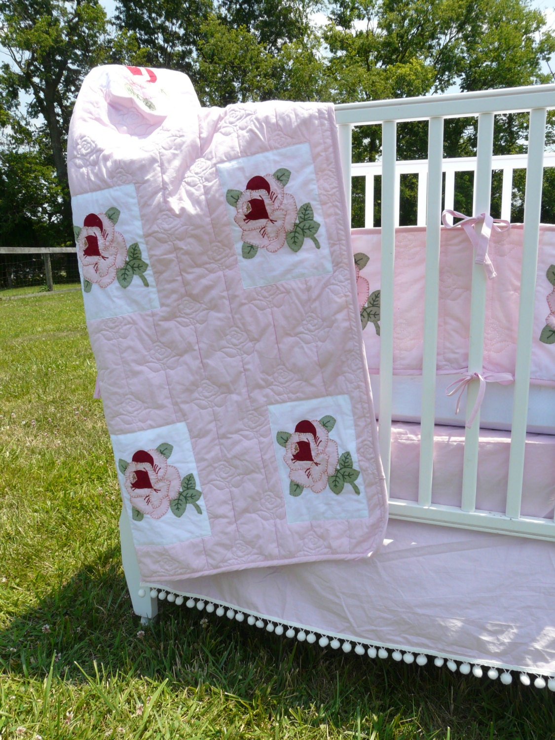 Free Ship, Ready to Ship Two Piece Vintage Pink Rose Hand Embroidered baby Crib Bumper, Crib Quilt Il_170x135