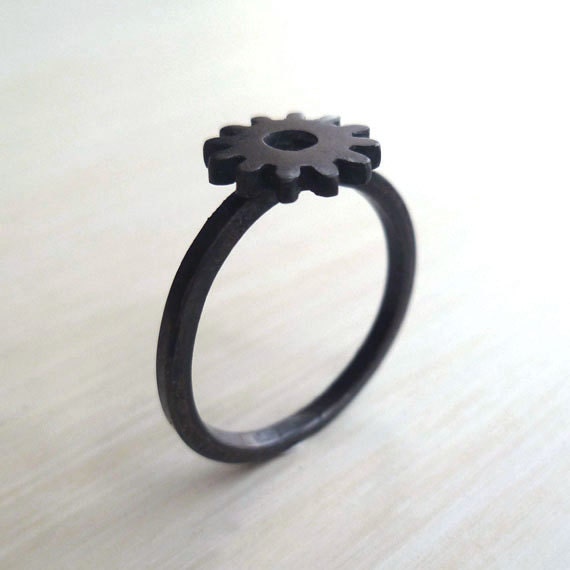 Gear Ring - Oxidized - Sterling Silver - Industrial Chic - Urban - Unisex - Rustic - Cogs - Black - Tiny Gear Ring