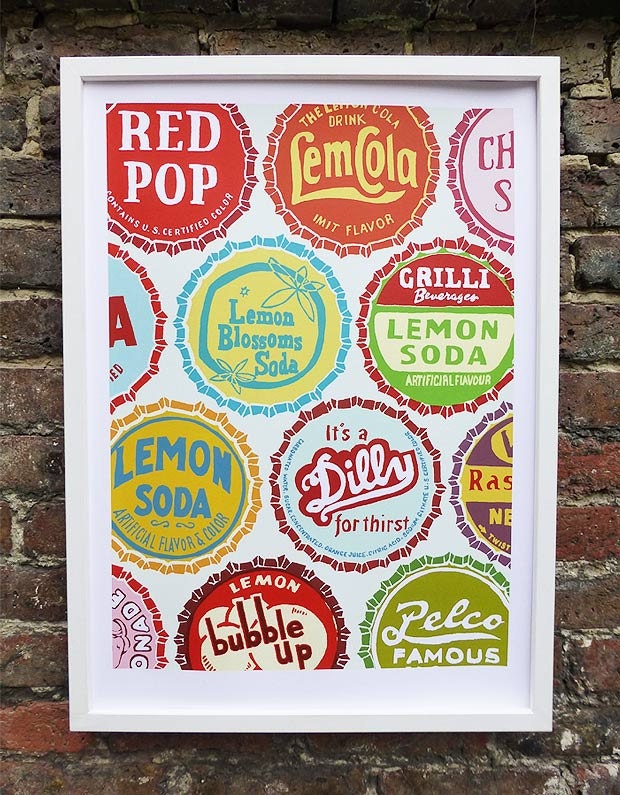 Bottle Tops - hand printed screen printed poster - limited edition