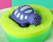 Soap - Turtle Toy Soaps - Kids Soap with Turtle Squirter Bath Toy on top - Sweetie Pie Sweet Grass Scent - Salt Sprinkled Goat's Milk Soap