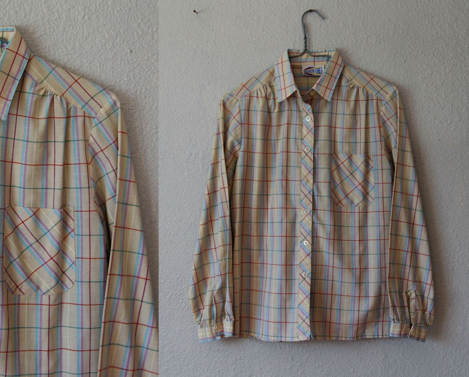 vintage PLAID cotton blouse /  1970s button down top
