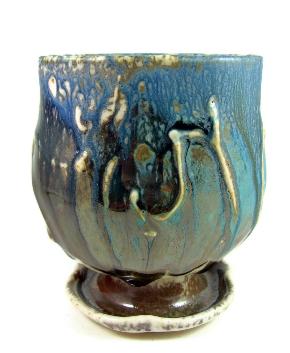 Ceramic Tumbler Mug with Pedestal Base - Blue and Green (18 oz) - Handmade Art Vessels - Art Pottery - Ready to Ship