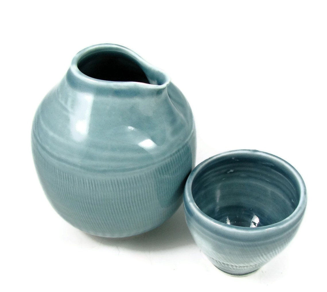 Two Piece Porcelain Sake Set - Ceramic Flask and Cups - Japanese Sake Server - Handmade Pottery - Ready to Ship