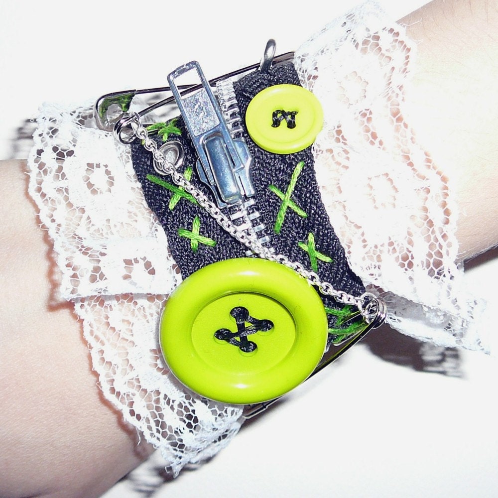 Black and White and Green Bricolage Cuff with Zipper, Buttons, and Lace