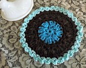 Doily Dish Cloth, brown and blue cottage style round dishcloth
