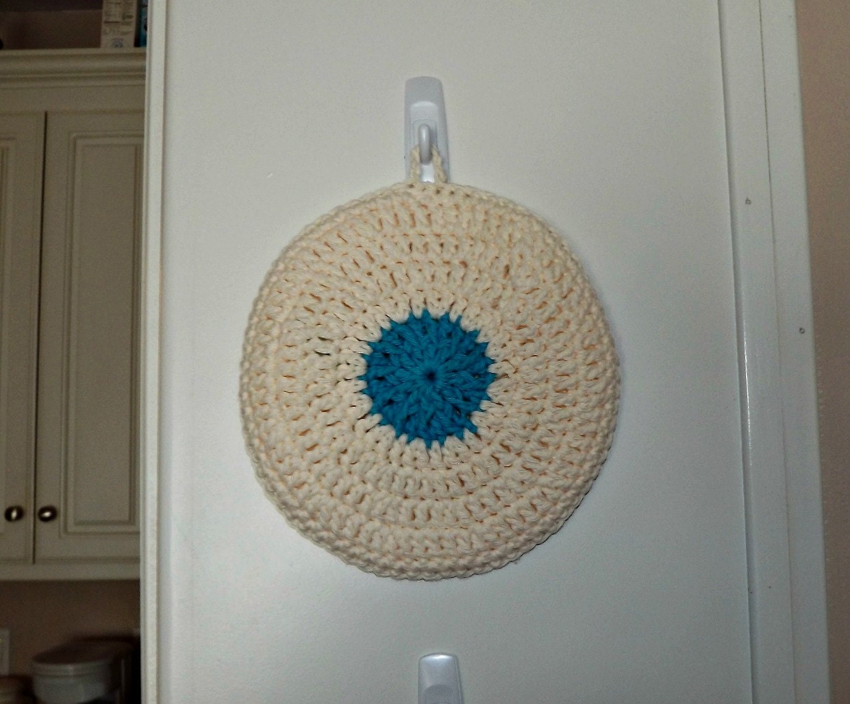 Crochet Pot Holder in blue and cream