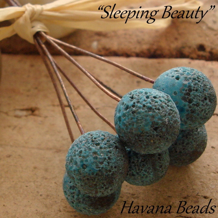 SLEEPING BEAUTY- Round Fossilized Headpins - Set of 6 Handmade Lampwork Head Pins