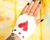 Leather Wrist Cuff, i love you heart and studs. White Red. Hand Warmer Cuff Small Medium Tattered Punk Rocker