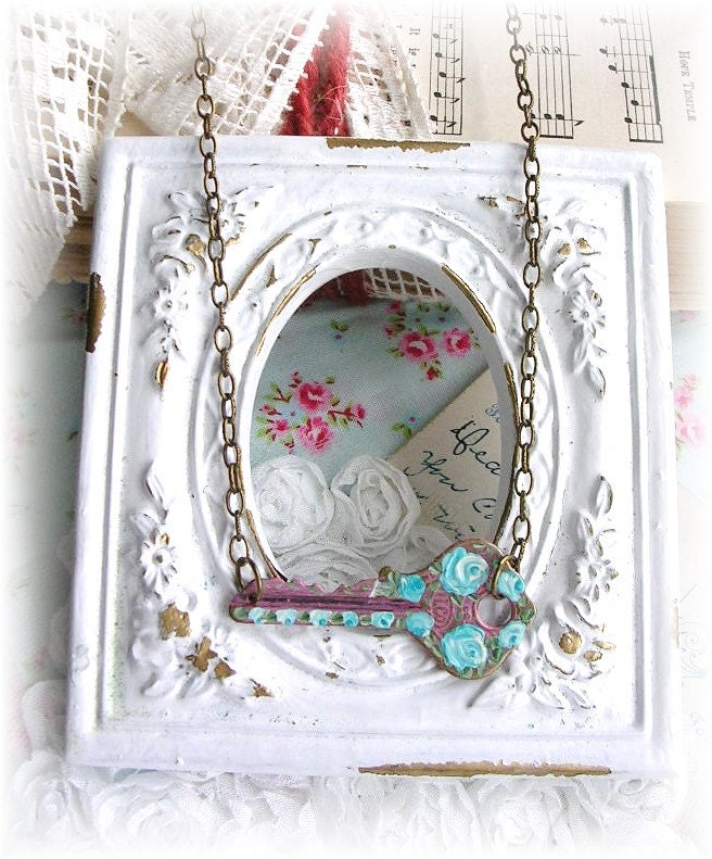Vintage Ilco Key Hand Painted Shabby Chic Roses Aqua Blue Pink Lilac Necklace Pendant OOAK
