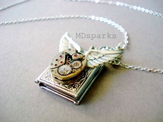 Steampunk Wing Book Locket in sterling silver