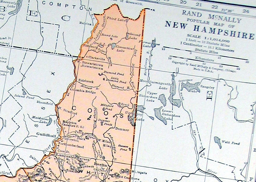 New Hampshire Map, New Jersey Map  - US State Map - 2 Sided Book Page - 1937 Vintage Map from World Atlas