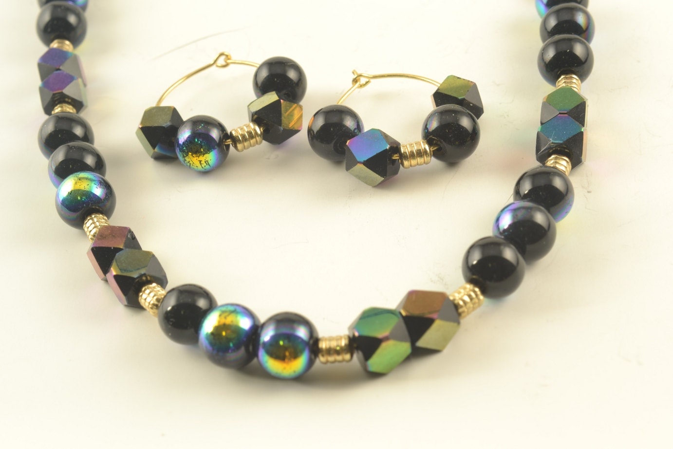 Purple Black AB Beaded Necklace Hoop Earrings GREAT GIFT