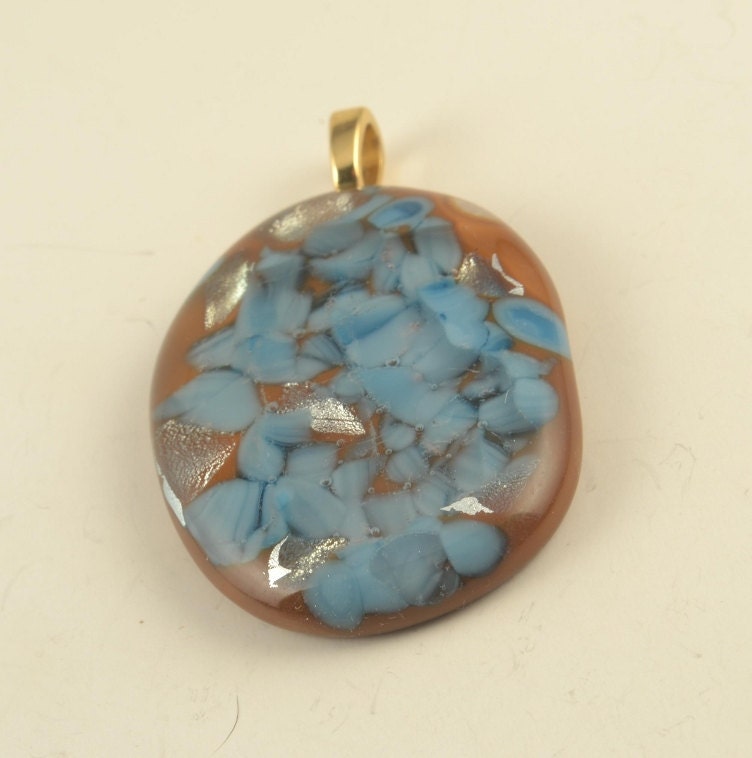Fused GLASS Pendant Brown SILVER Turquoise OVAL