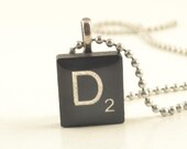 Black Scrabble Tile INITIAL Pendant Charm DIAMOND Edition