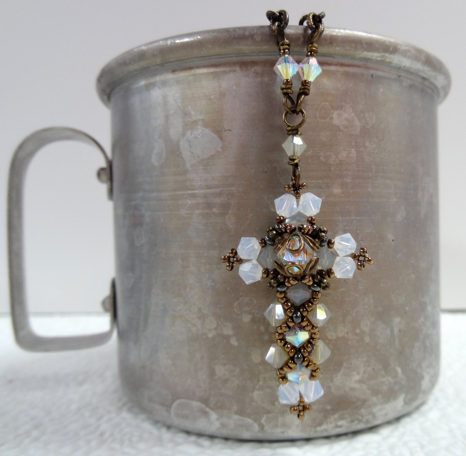 Light Natural Neutral-- Opal White, Tan, and Grey Swarovski Crystal Cross Necklace on Antiqued Brass