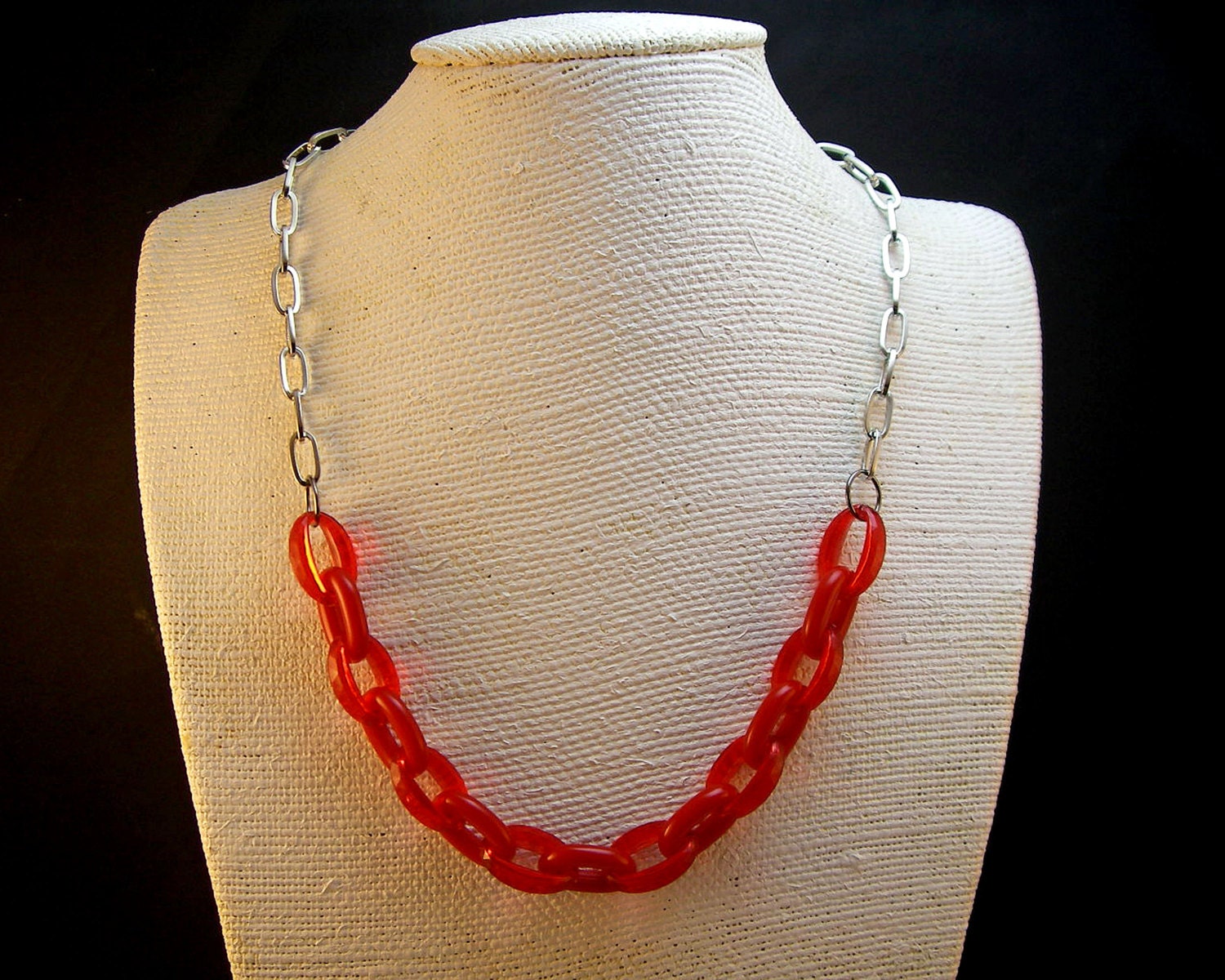 Bold Statement Plastic Chain Necklace in Sheer Faceted Red with silver tone chain