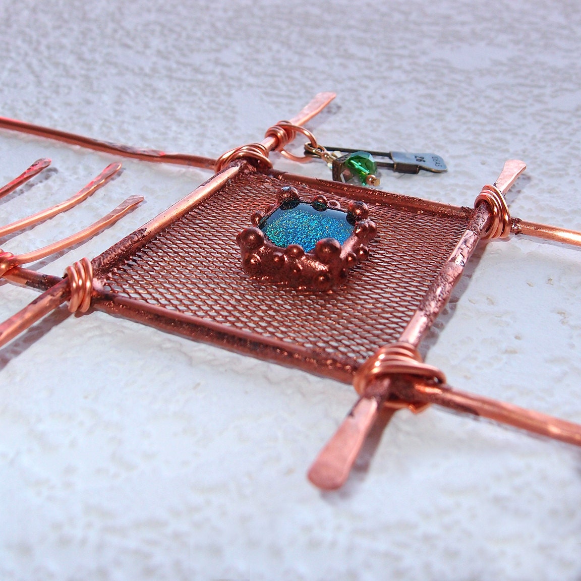 Talisman Fused Dichroic Stained Glass & Copper Mixed Media Sculpture Metal Wall/Garden/Window Art Ornament