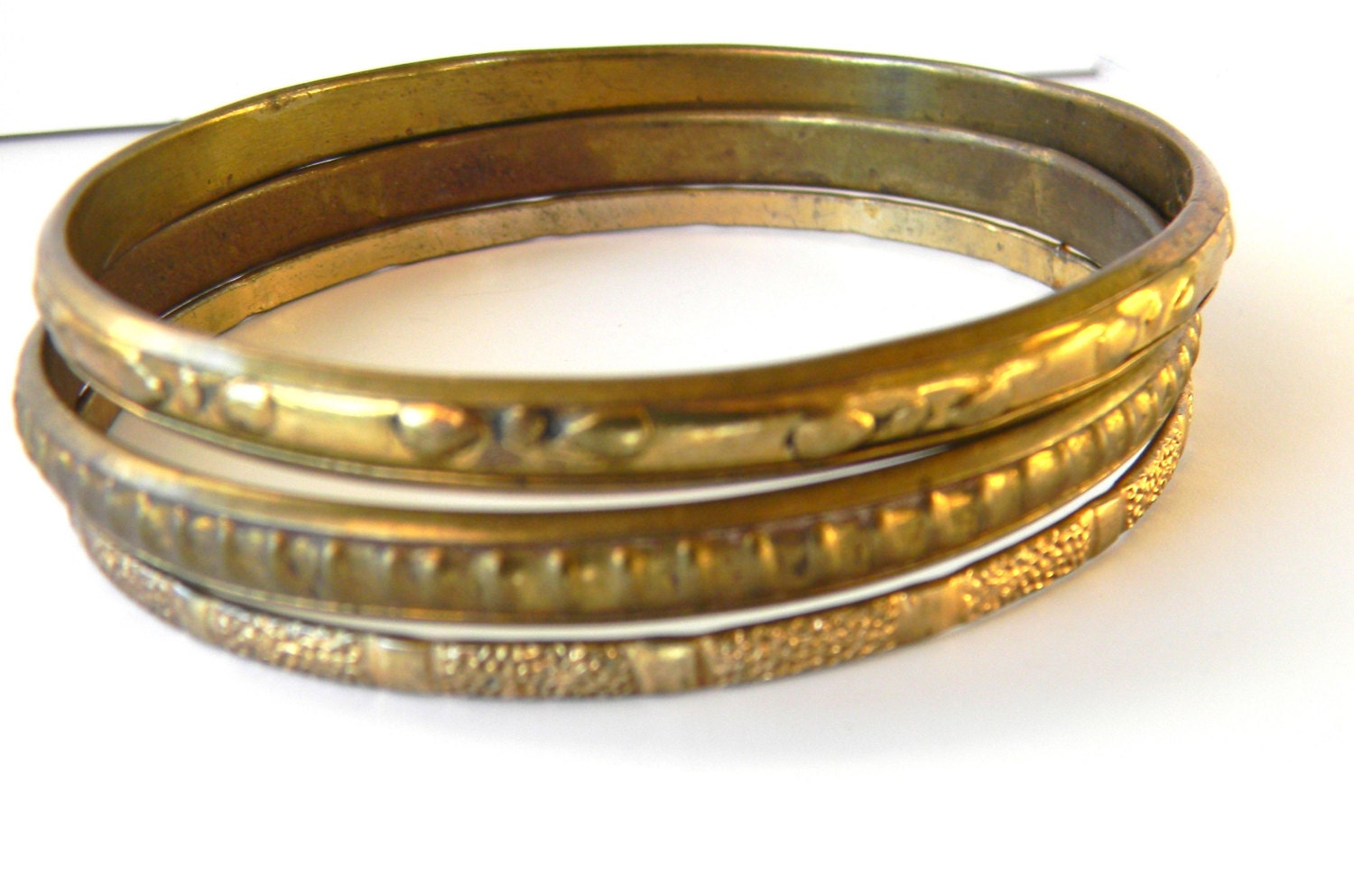 Vintage Bracelets, hammered metal, circa 1970, gold tone - set of three