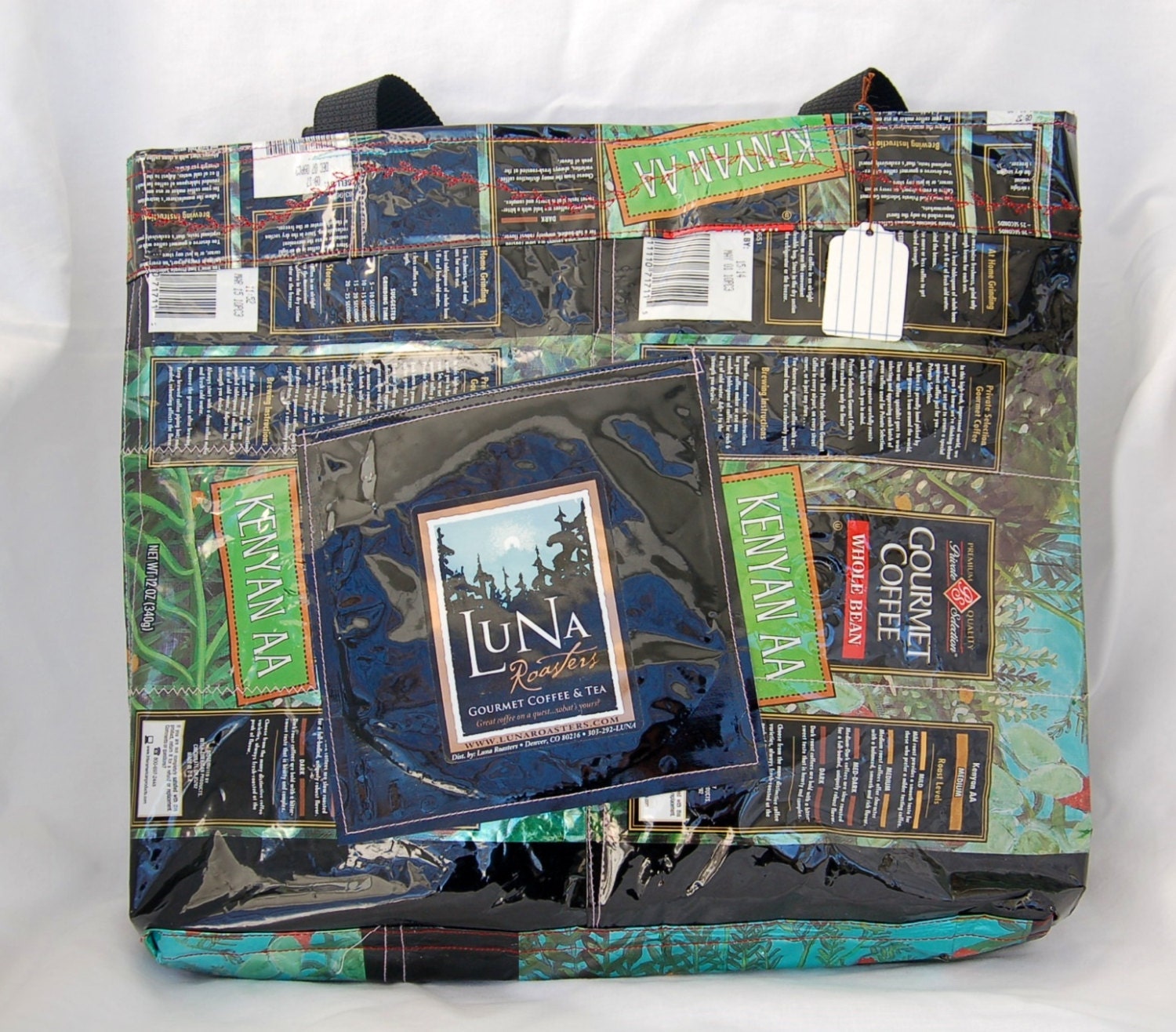 Upcycled coffee bag-Luna foils-green black durable tote, purse carry-all travel vessel fun trendy 